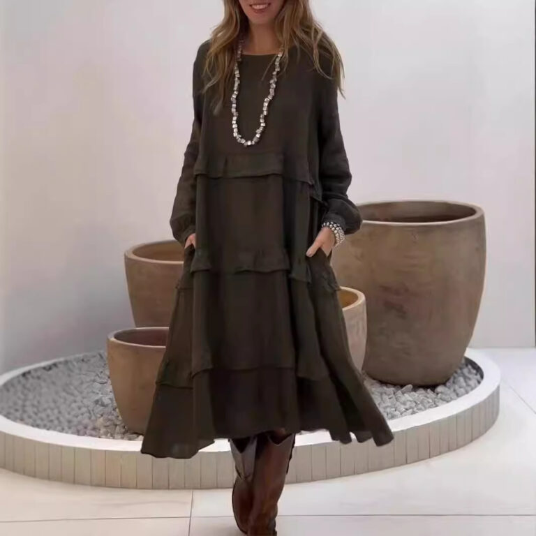 Women's Long Sleeve Patchwork Round Neck Ruffles Dress - Image 5