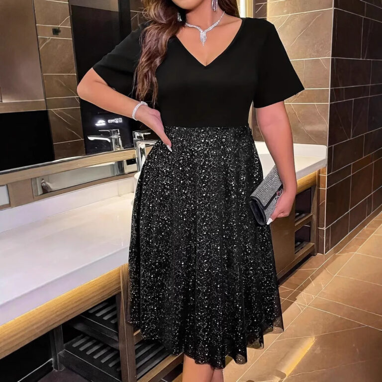 Random Point Hot Silver V-neck Short Sleeve A- Line Skirt Plus Size Women's Clothing Dress - Image 3