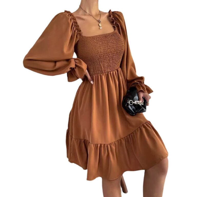 Square Collar Parallel Crepe Sewed Ruffled Hem Dress - Image 5