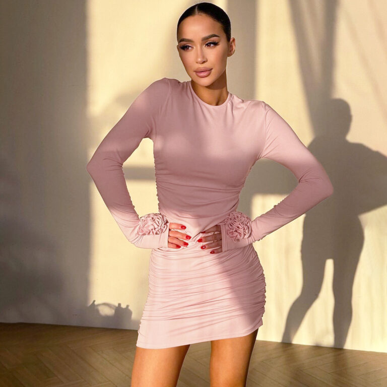 Slim Fit Round Neck Pleated Long Sleeve Short Dress - Image 8