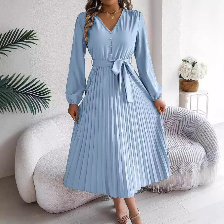Elegant Elegant V-neck Button Lace-up Large Hem Pleated Maxi Dress - Image 3