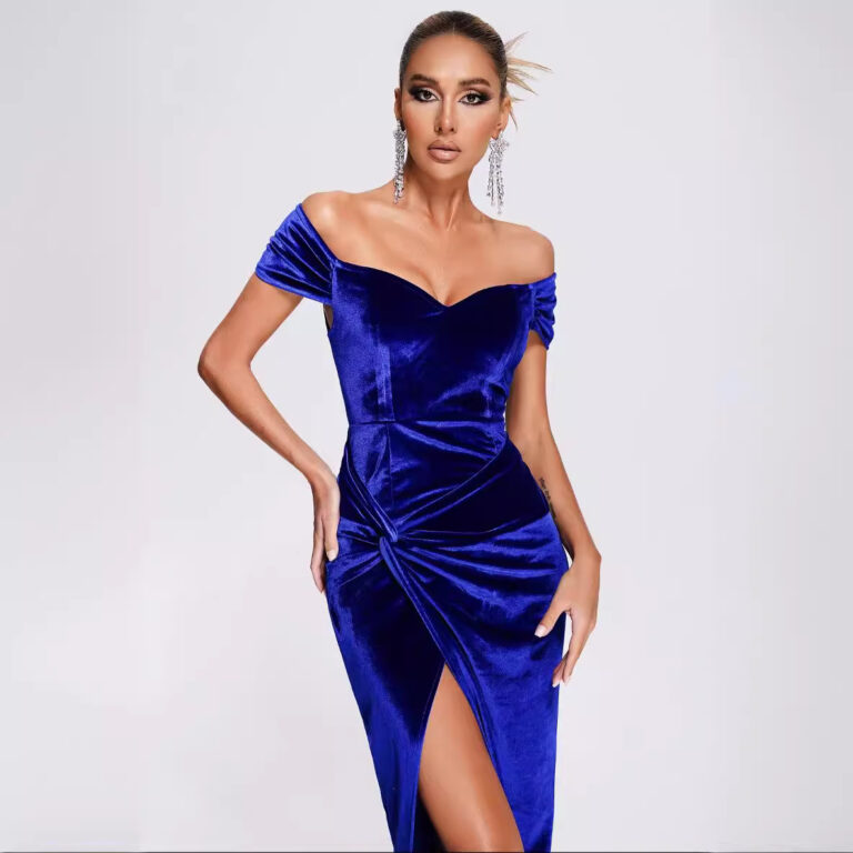 Elegant Graceful Solid Color Off-shoulder High Slit Cinched Bodycon Dress - Image 3