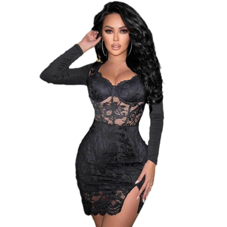 Lace Decor Cups Detail Long Sleeve Sexy European And American Dress - Image 5