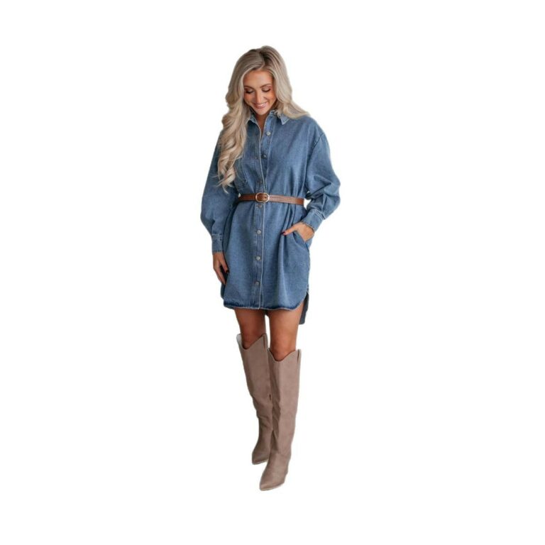 Casual Button Slimming Long Sleeve Denim Dress - Image 5