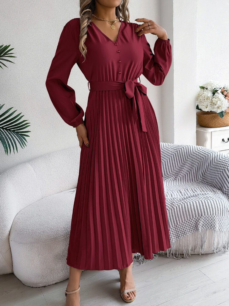 Elegant Elegant V-neck Button Lace-up Large Hem Pleated Maxi Dress - Image 9