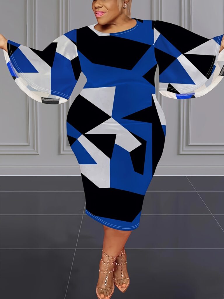 Contrast Color Geometric Print Loose Large Bell Sleeve Dress - Image 5