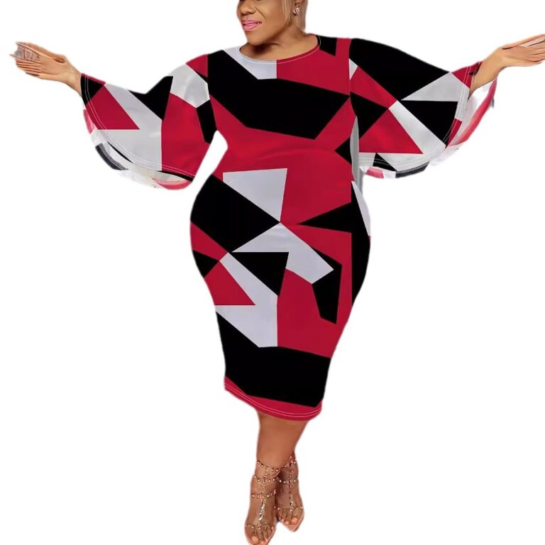 Contrast Color Geometric Print Loose Large Bell Sleeve Dress - Image 2