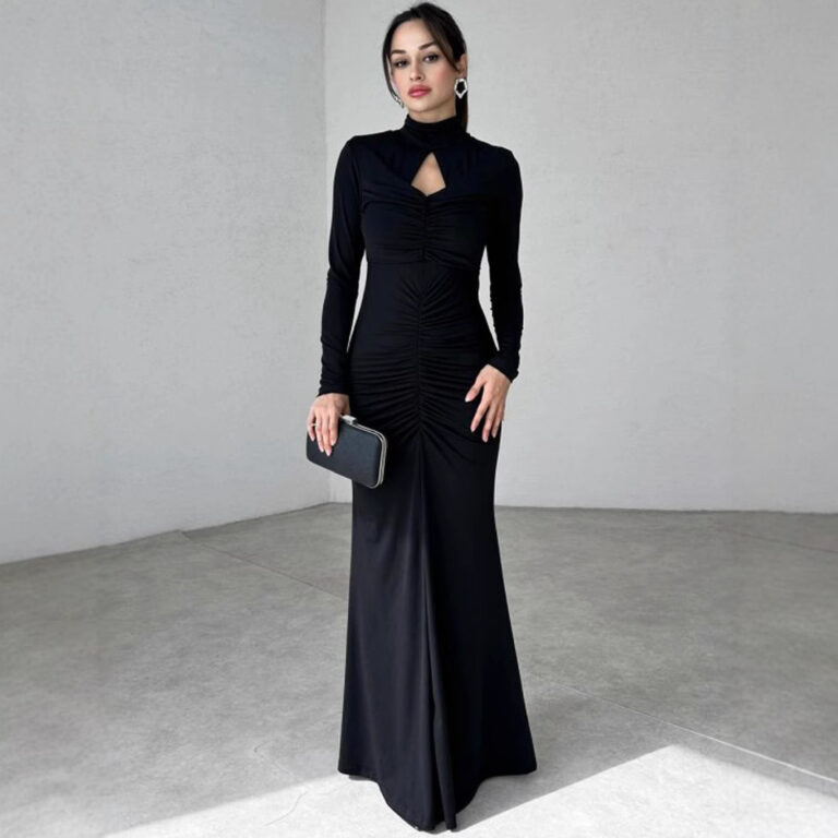 High Collar Hollow-out Slim-fit Pleated Solid Color Dress - Image 3