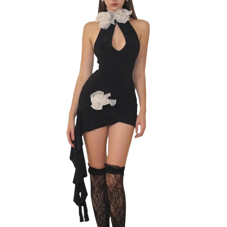 Lace-up Three-dimensional Handmade Flowers Fashion Slim-fit Sheath Halter Backless Short Dress - Image 3