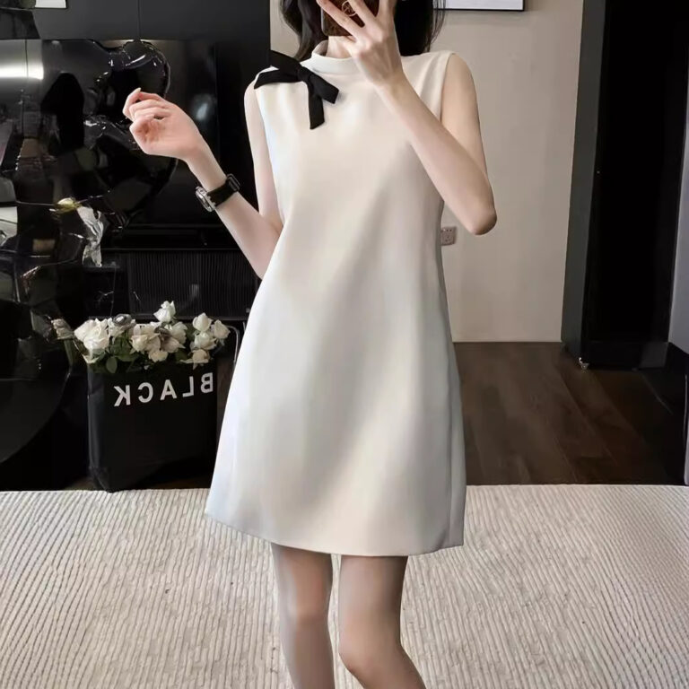 Sleeveless Classic Style Bow Vest Dress Women - Image 2