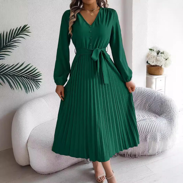 Elegant Elegant V-neck Button Lace-up Large Hem Pleated Maxi Dress - Image 4