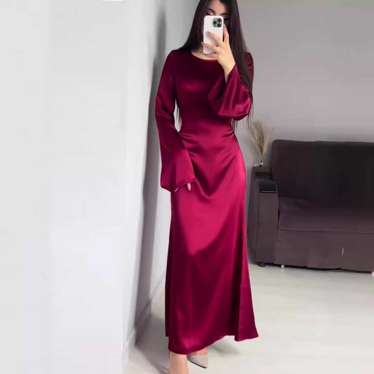 Waist-tight Slimming Lace Up Solid Color Long Sleeve Dress