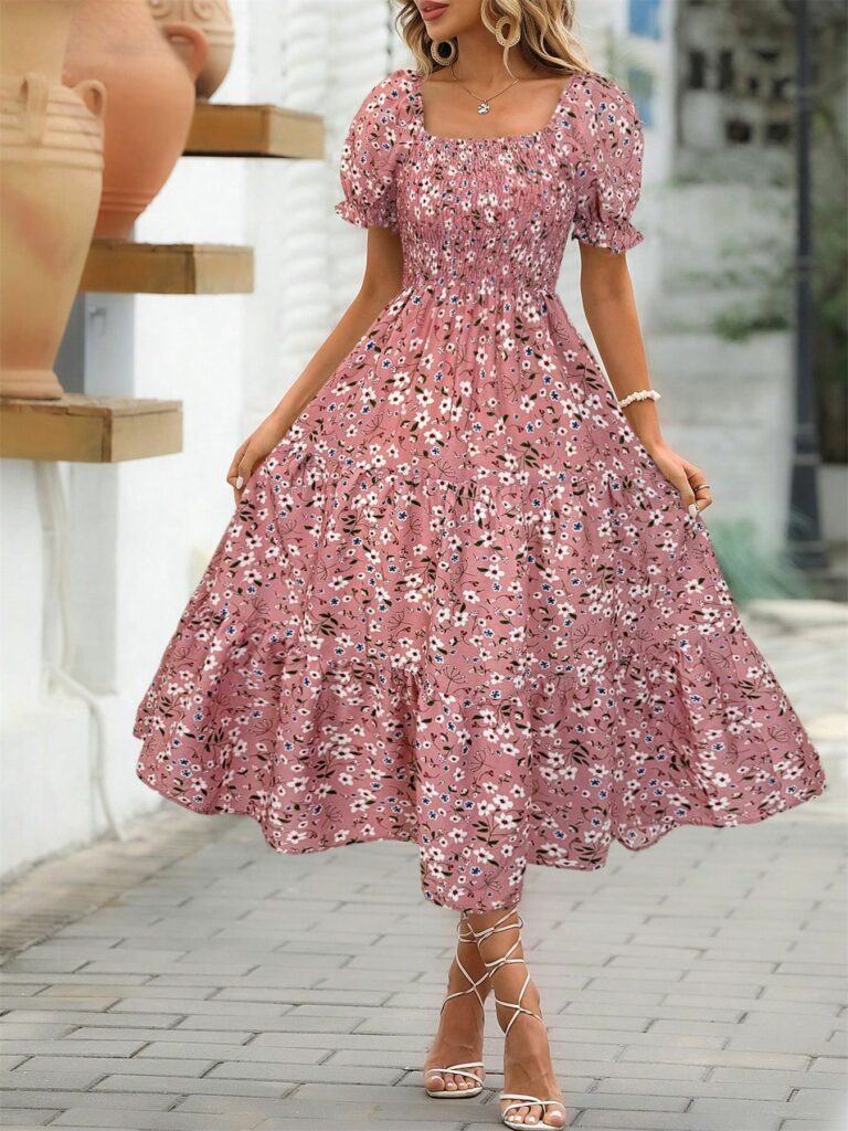 Women's Sleeve Waist Roll Square Collar Dress Woven Digital - Image 6