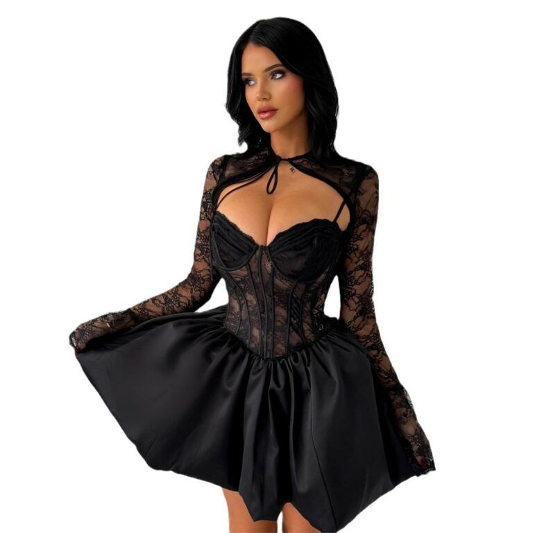 American Retro Autumn And Winter Style Led Lace Long-sleeved Black Dress - Image 6