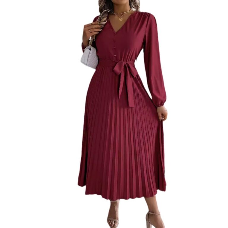Elegant Elegant V-neck Button Lace-up Large Hem Pleated Maxi Dress - Image 5
