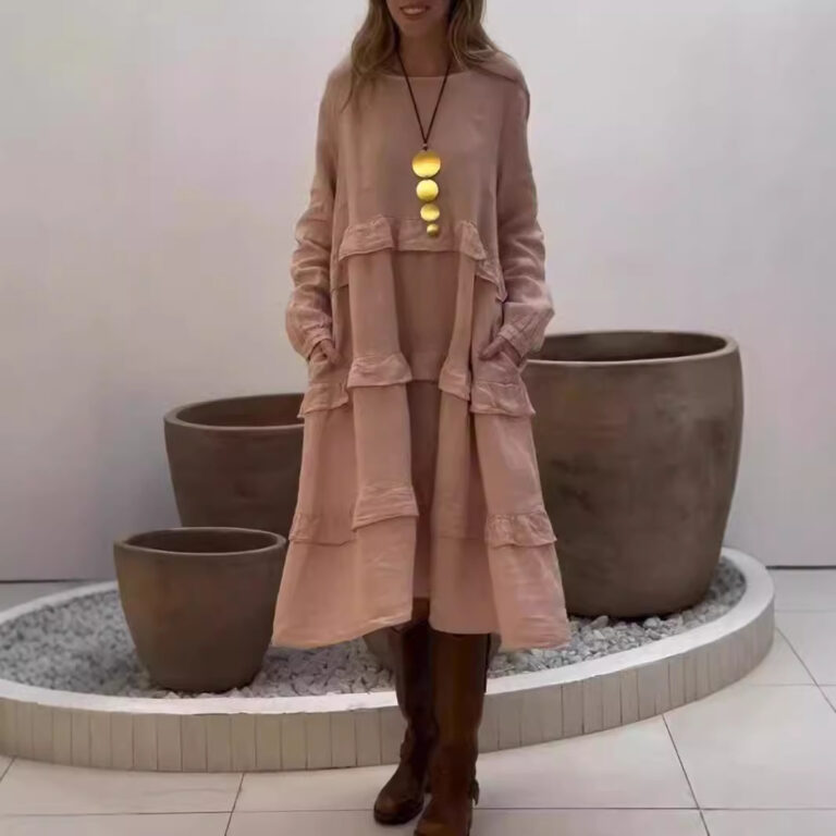 Women's Long Sleeve Patchwork Round Neck Ruffles Dress - Image 6