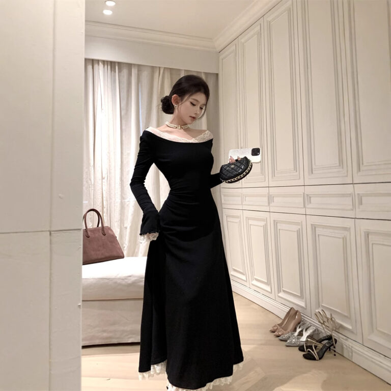 Women's Fashion Black Lace Long Dress