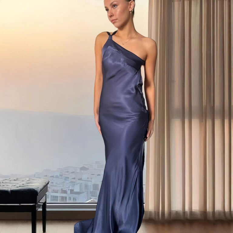 Women's Sleeveless Diagonal Collar Dress Summer And Autumn Solid Color Backless Hollow-out Cinched Long Dress - Image 3