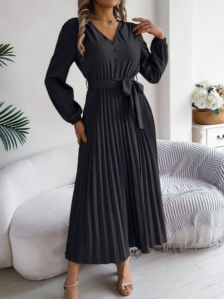 Elegant Elegant V-neck Button Lace-up Large Hem Pleated Maxi Dress - Image 10