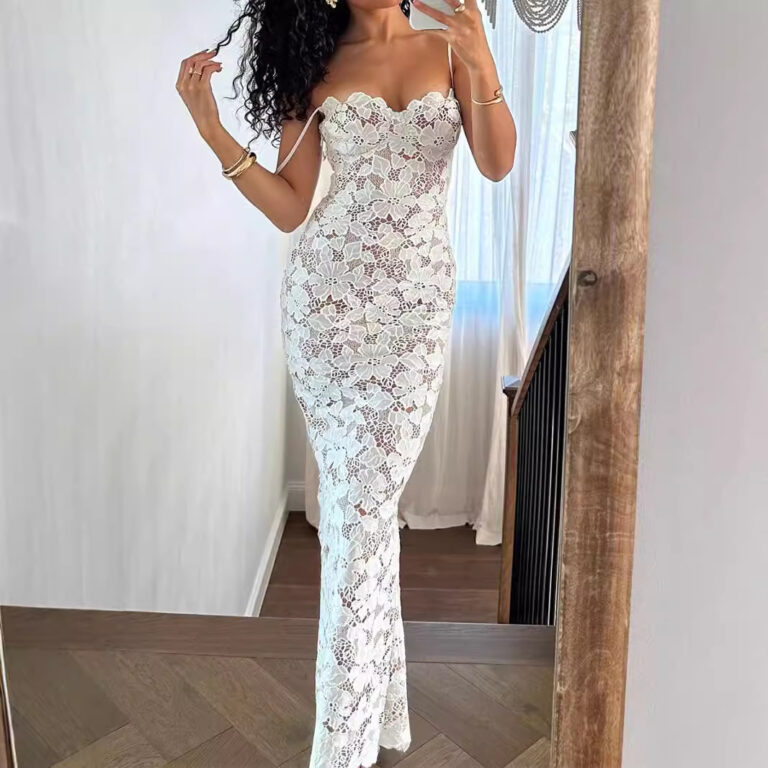 Sexy Lace Temperament Hip Spaghetti Straps Dress Sexy Backless Slit Long Dress