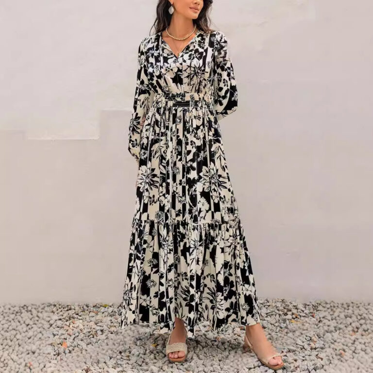 Spring And Autumn Full Printed Lantern Sleeve Dress - Image 4