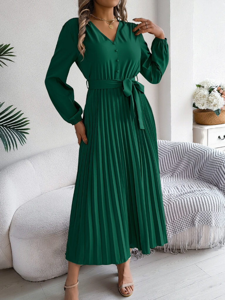 Elegant Elegant V-neck Button Lace-up Large Hem Pleated Maxi Dress - Image 8