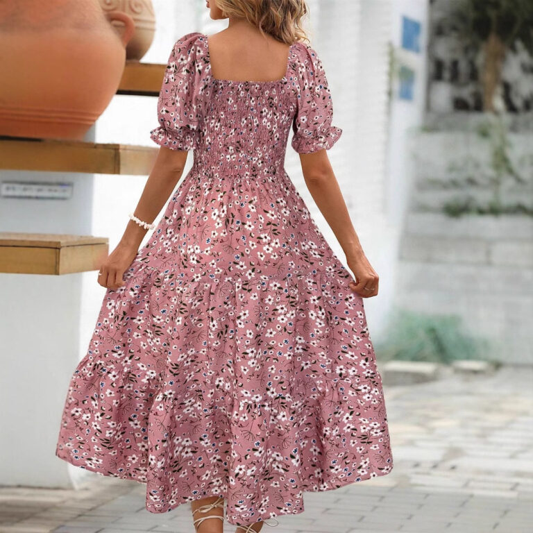 Women's Sleeve Waist Roll Square Collar Dress Woven Digital - Image 4