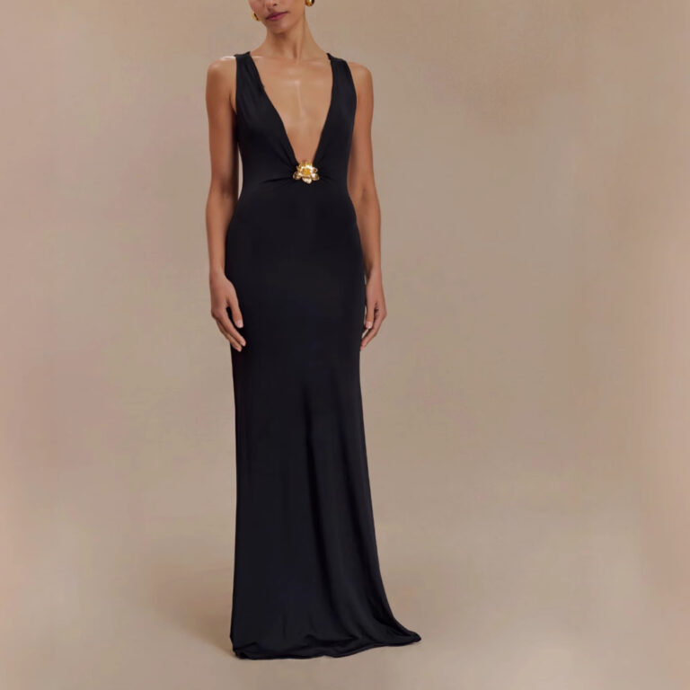 Super Deep V-neck Sleeveless Slim-fit Gold Flower Dress - Image 3