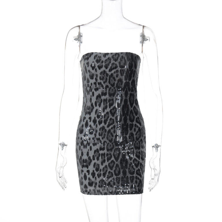 Printed Sequined Leopard Print Tube Top Package Hip Dress - Image 7