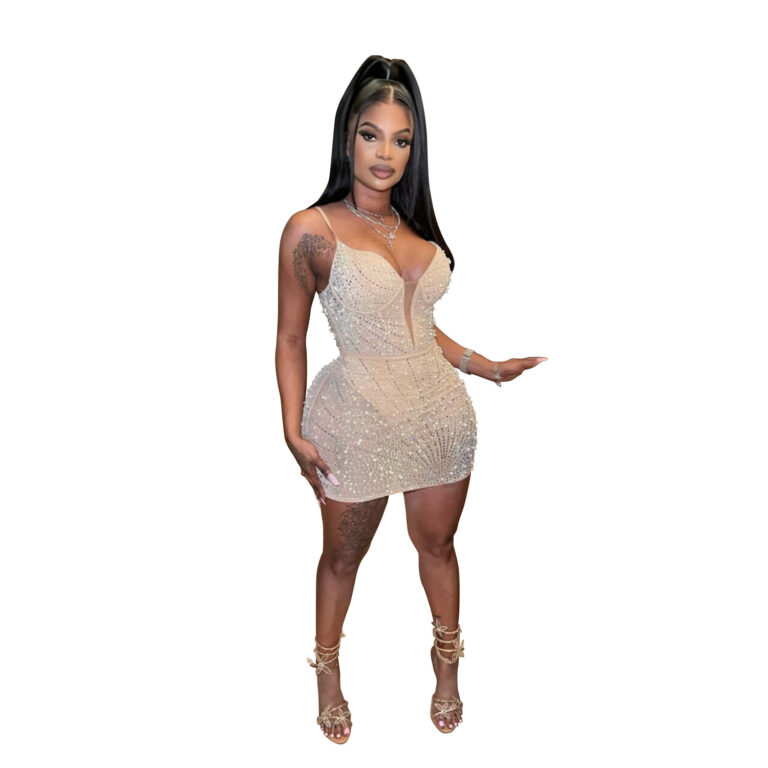 Fashion Women's Wear Solid Color Hot Drilling Mesh Sleeveless Sling Dress - Image 6