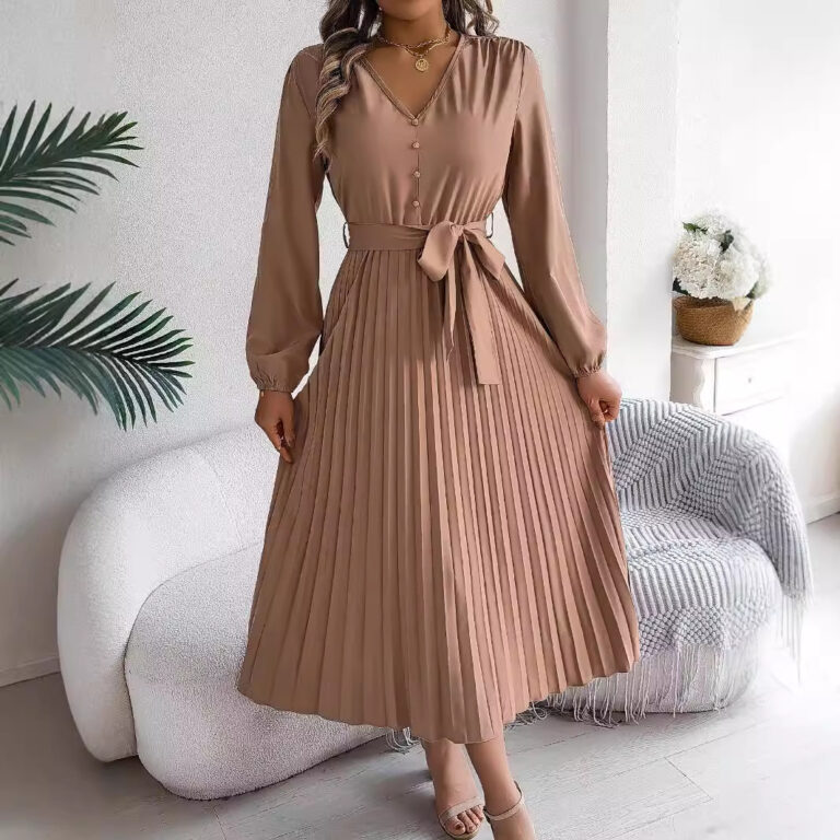 Elegant Elegant V-neck Button Lace-up Large Hem Pleated Maxi Dress - Image 2