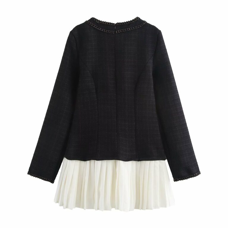Autumn Women Clothing Retro Elegant Coarse Woven Stitching Pleated Dress - Image 2