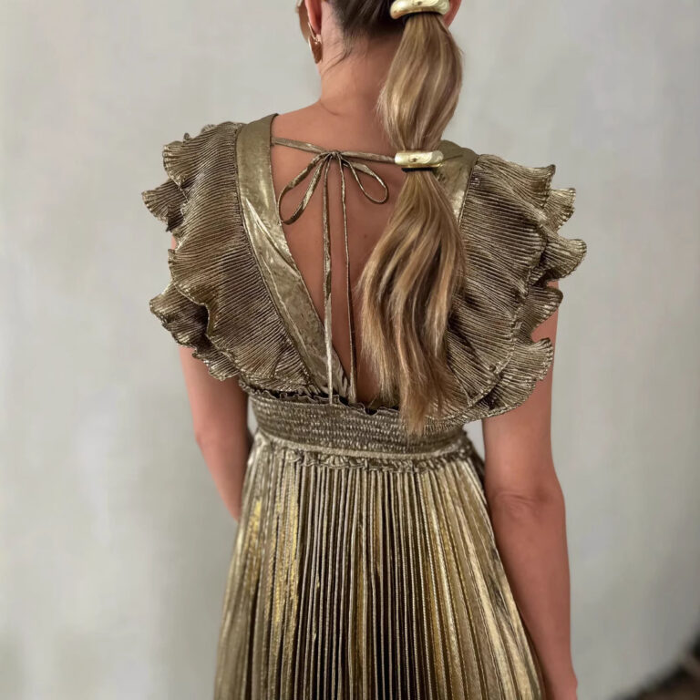 Summer New Women's Pleated Sexy V-neck Waist Dress - Image 3