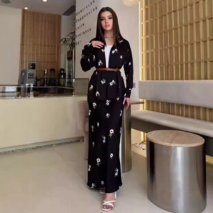 Fashion Printed Collar Shirt Mid-length Skirt Two-piece Set