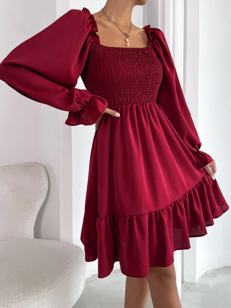 Square Collar Parallel Crepe Sewed Ruffled Hem Dress - Image 6