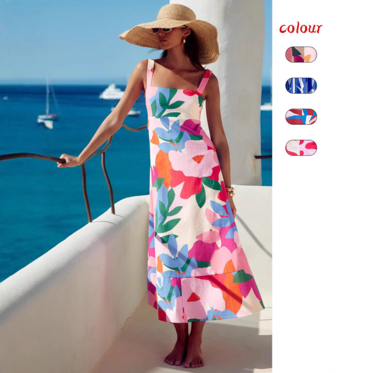Vacation Style French Printed Long Dress Women - Image 3