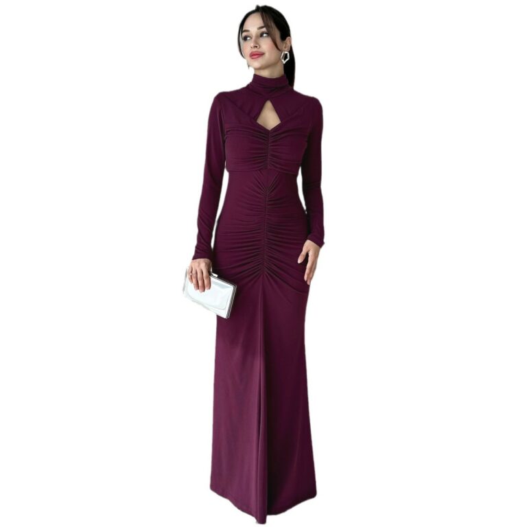 High Collar Hollow-out Slim-fit Pleated Solid Color Dress - Image 5