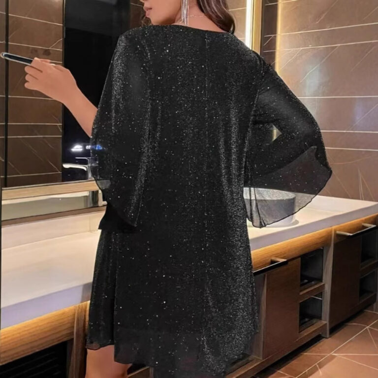 Women's V-neck Half Sleeve Loose Waist Shiny Dress - Image 2