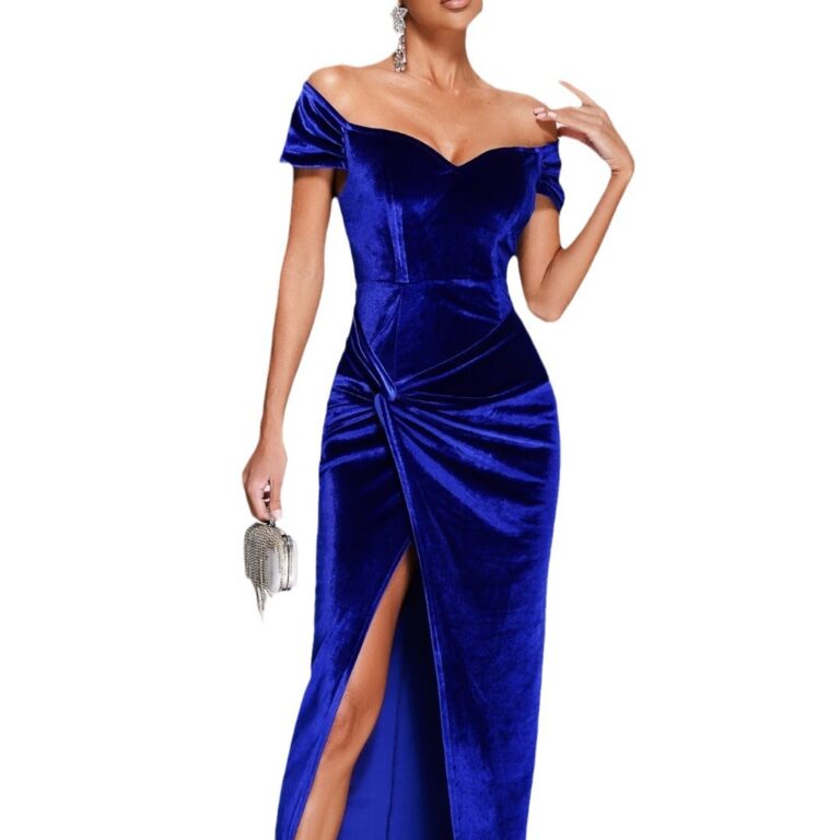 Elegant Graceful Solid Color Off-shoulder High Slit Cinched Bodycon Dress - Image 5