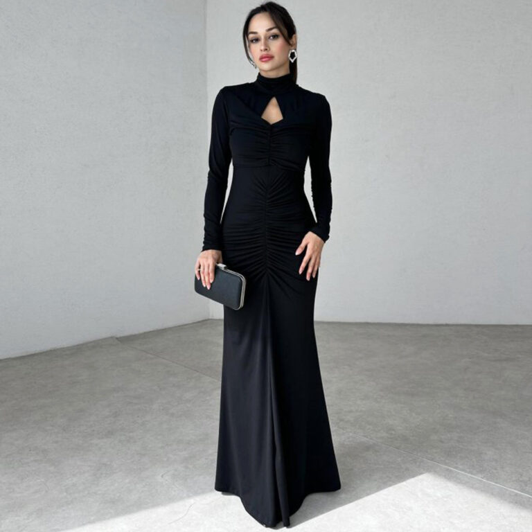 High Collar Hollow-out Slim-fit Pleated Solid Color Dress - Image 7