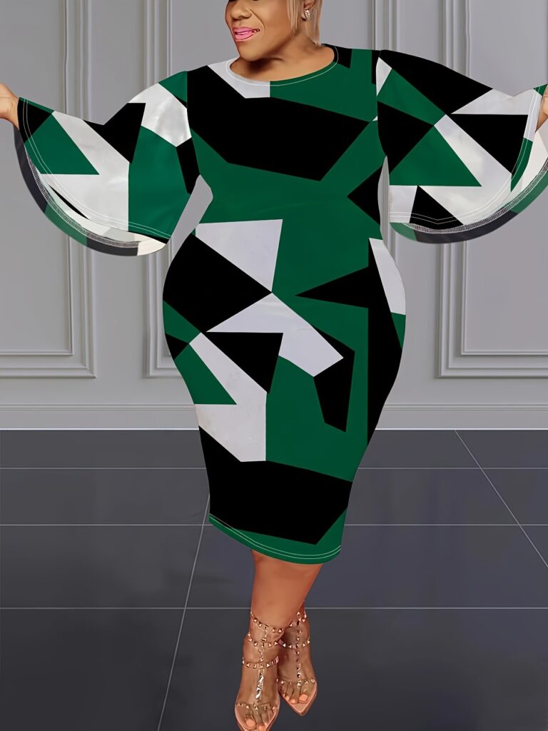 Contrast Color Geometric Print Loose Large Bell Sleeve Dress - Image 4