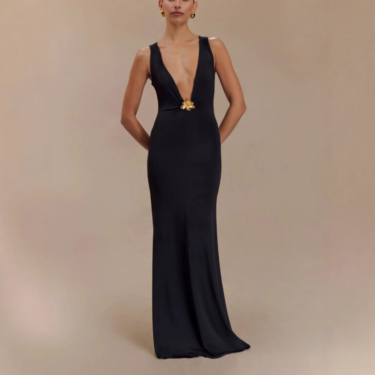Super Deep V-neck Sleeveless Slim-fit Gold Flower Dress