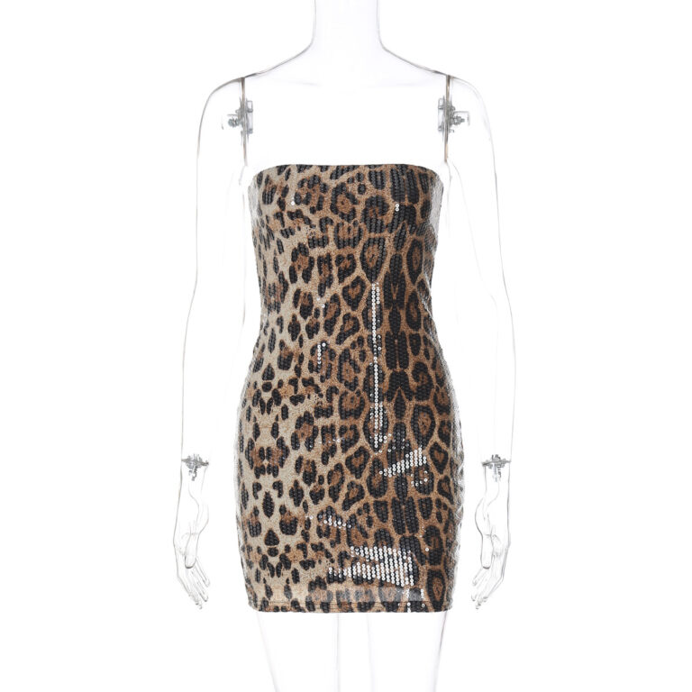 Printed Sequined Leopard Print Tube Top Package Hip Dress - Image 6