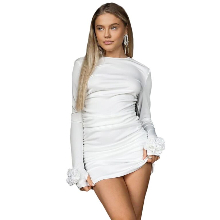 Slim Fit Round Neck Pleated Long Sleeve Short Dress - Image 5
