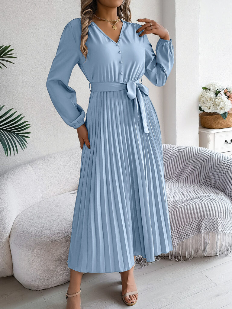 Elegant Elegant V-neck Button Lace-up Large Hem Pleated Maxi Dress - Image 7