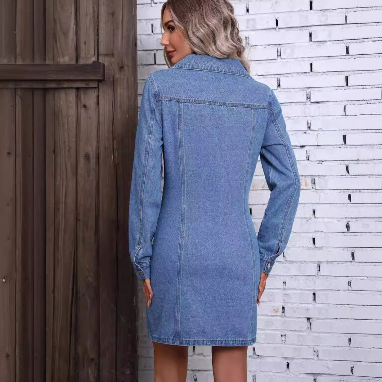 Retro Waist-controlled Slimming Long Sleeve Denim Dress - Image 5