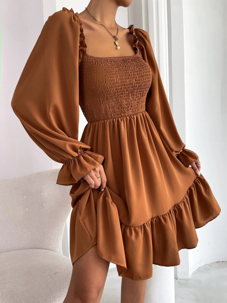 Square Collar Parallel Crepe Sewed Ruffled Hem Dress - Image 9