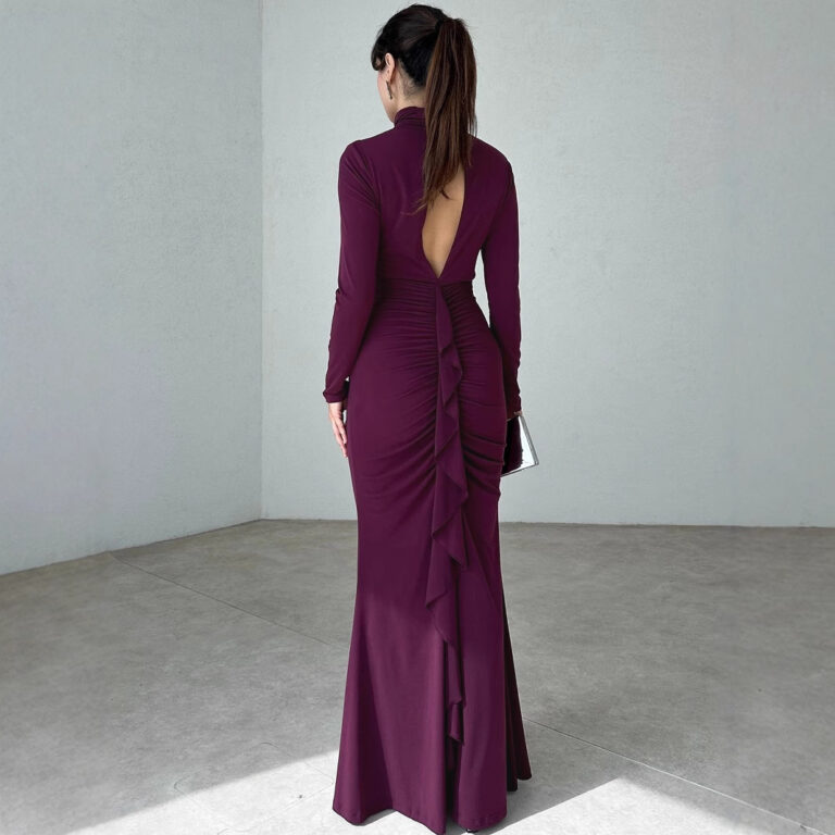 High Collar Hollow-out Slim-fit Pleated Solid Color Dress - Image 2