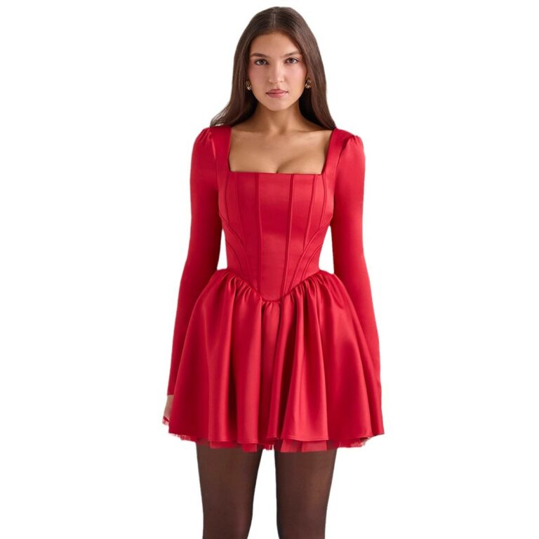 Square Collar Tube Top Fishbone Waist Slimming Dress - Image 5