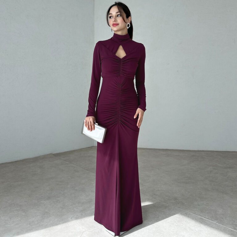 High Collar Hollow-out Slim-fit Pleated Solid Color Dress - Image 6